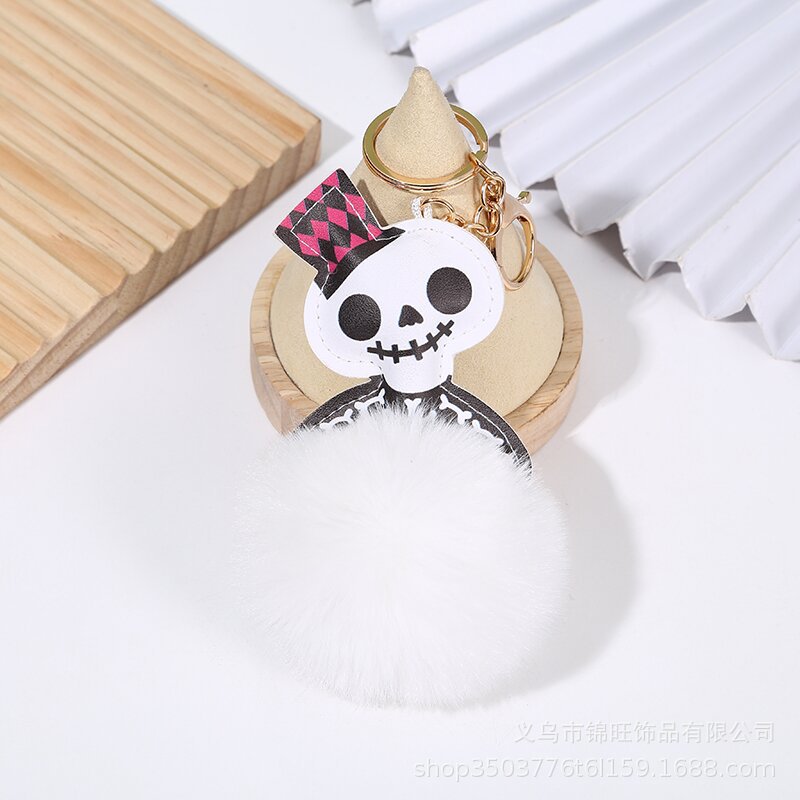 Wholesale Halloween Leather Skull Hair Ball Keychain